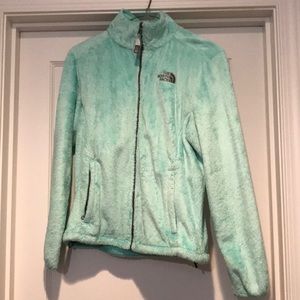 turquoise north face fuzzy jacket